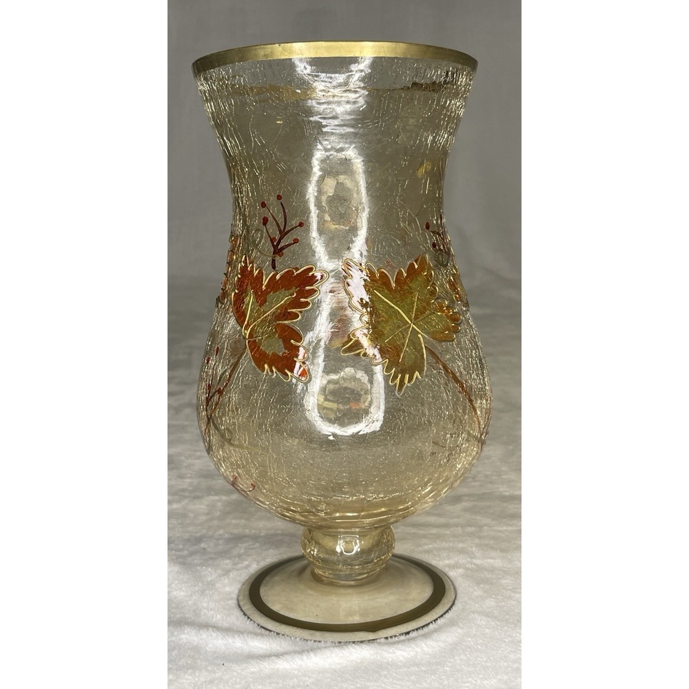 Autumnal Leaves Crackle Glass Vase Gold Trim Leaf Design Autumn Fall Decor 10.5" - Picture 4 of 5
